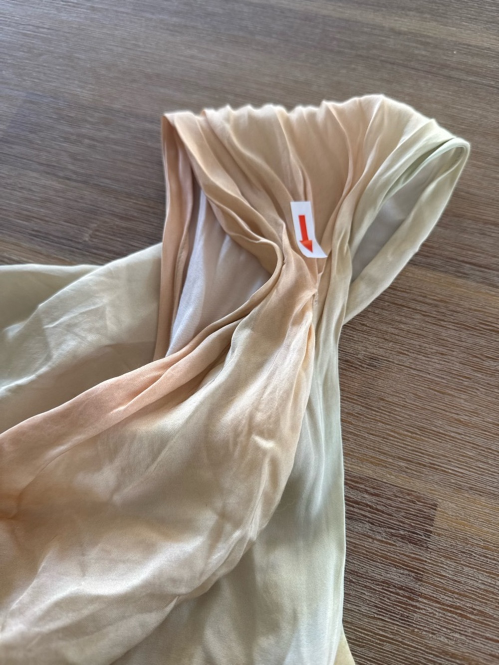 Satin Draped Tie-Detail Mini Dress in Peach-Green Watercolor - Picture 7 of 8